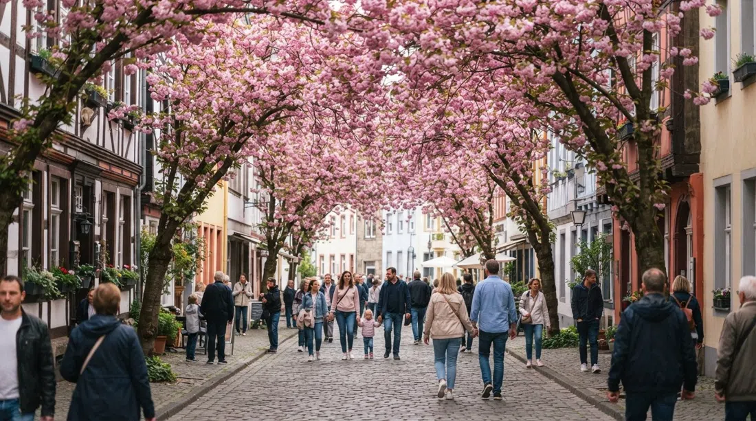 Heerstraße en el Altstadt de Bonn bajo un dosel completo de cerezos en flor en su punto máximo, peatones bajo densas ramas rosas Kanzan y fachadas medio ocultas por pétalos