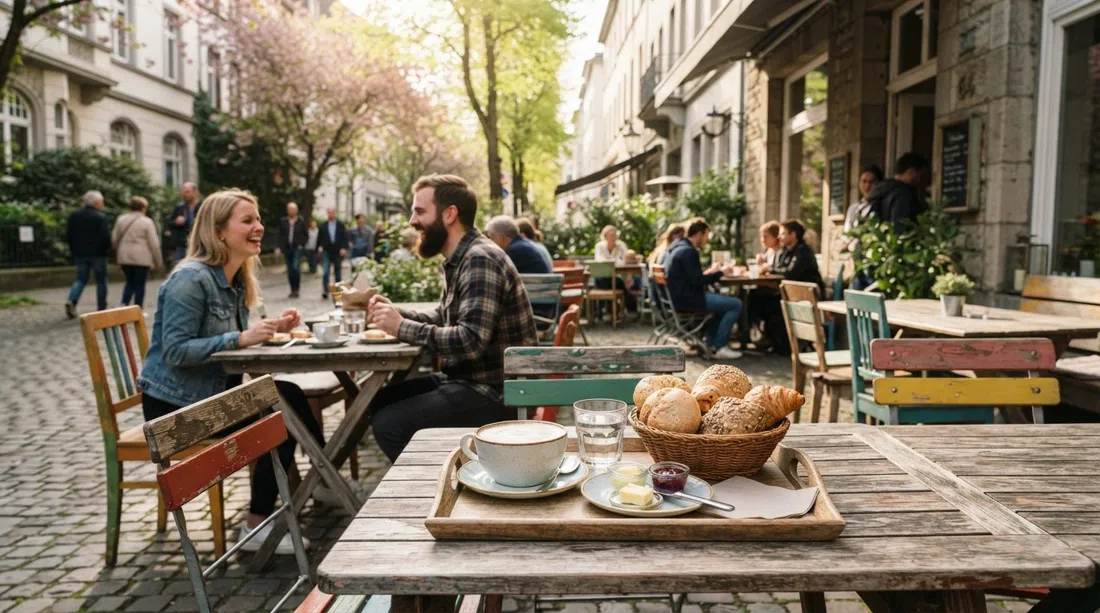 Café Pawlow en Heerstraße 64 con sillas desparejadas, una terraza soleada frente a la calle y una bandeja de desayuno con panecillos y un café con leche en tazón grande