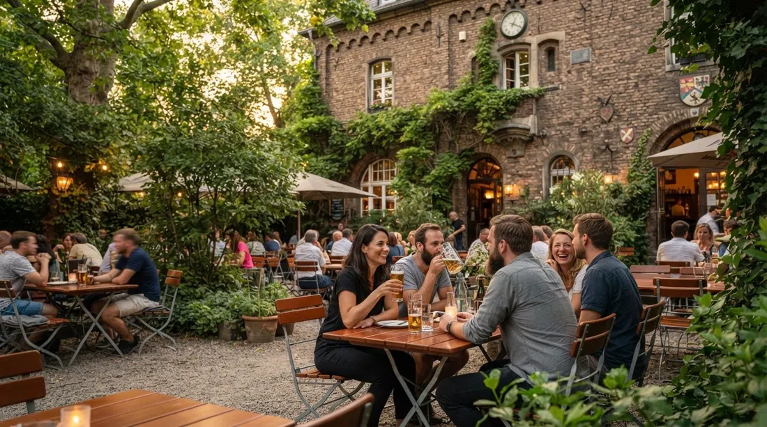 la sala de ladrillo protegida de Bierhaus Machold en Heerstraße 52, con luz de verano en el jardín trasero frondoso y mesas preparadas para una copa al atardecer