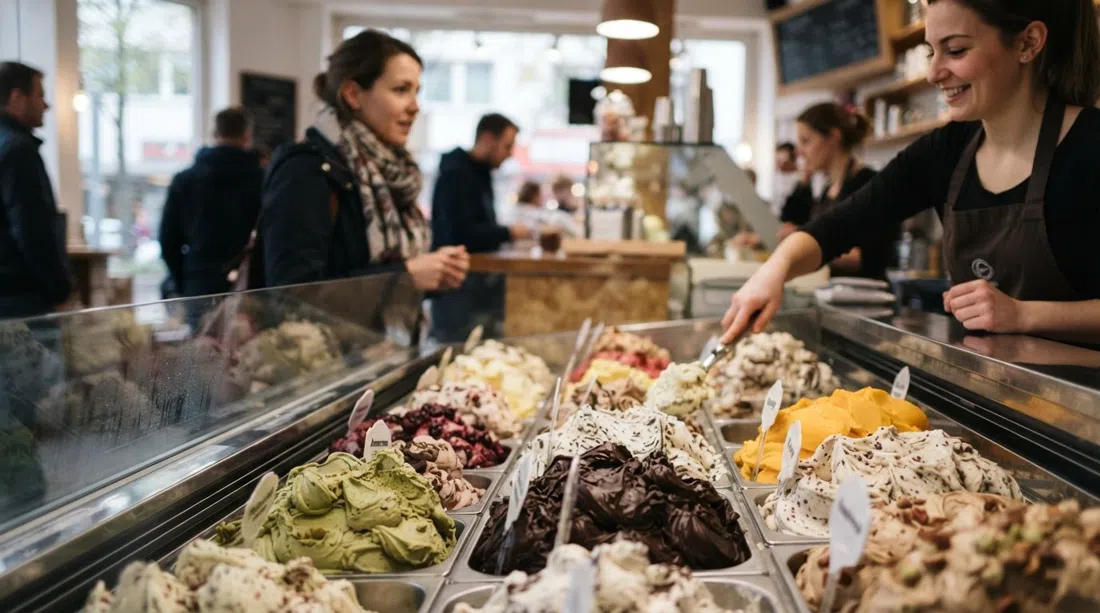 primer plano de una selección de helados que cambia a diario en EisLabor en Maxstraße 16, bolas artesanales vibrantes en la vitrina bajo luz suave interior