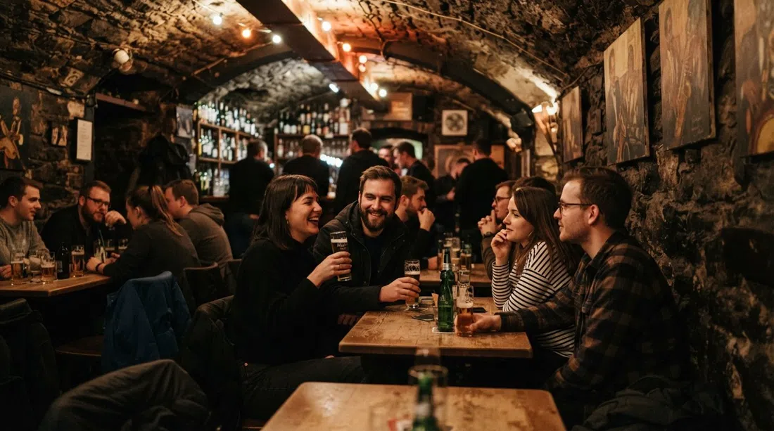 Der Stachel en Maxstraße 30, un pub de sótano solo efectivo bajo techo abovedado con nichos pintados de jazz y luz ámbar baja por la noche