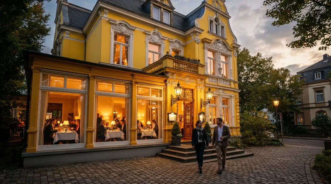 halbedel's Gasthaus en una villa guillermina amarillo canario, con elegantes ventanales del comedor y un ambiente refinado nocturno en Bad Godesberg
