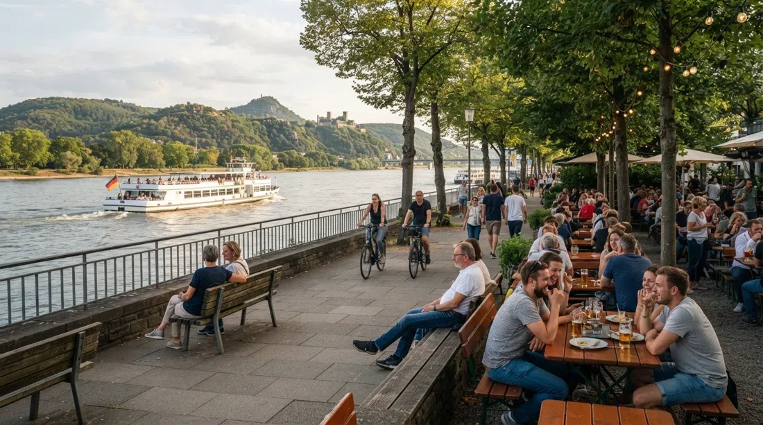 el paseo del Rin en Bad Godesberg con bancos, una cervecería al aire libre y un ferry pasando en el río a última hora de la tarde
