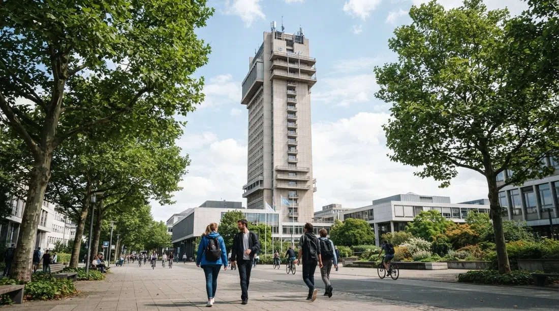 la torre Langer Eugen elevándose sobre el Campus de la ONU en Bonn, vista desde un ángulo bajo con árboles maduros y amplias avenidas cívicas en primer plano