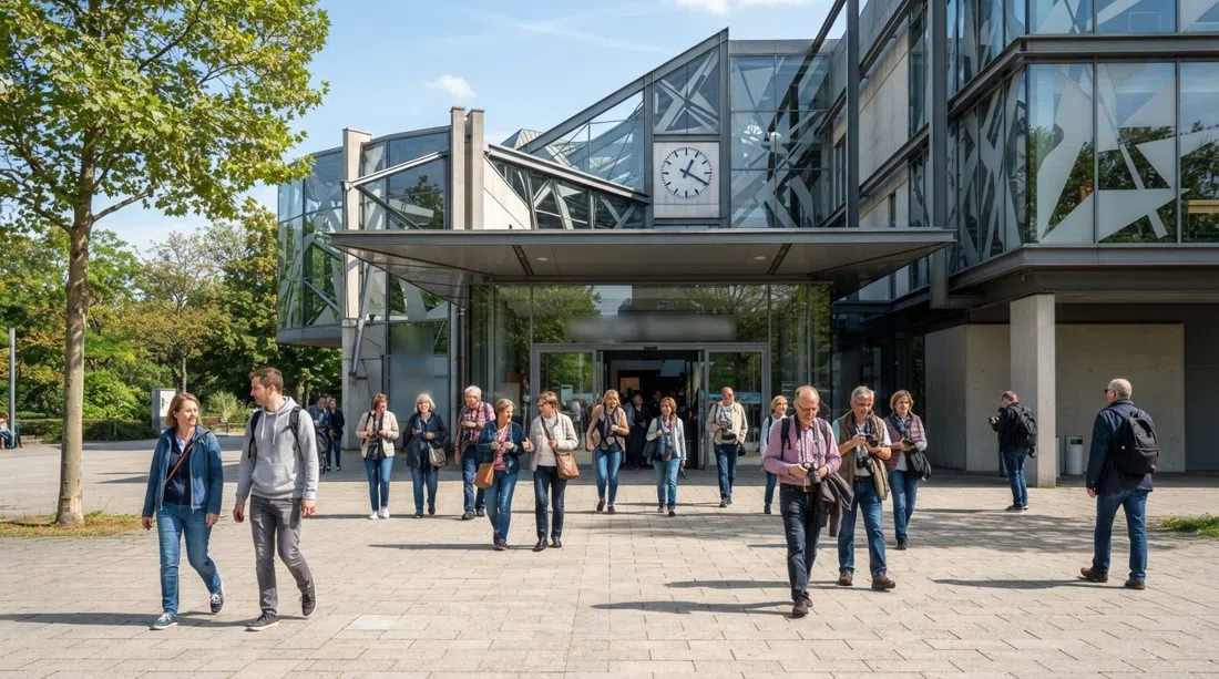 la entrada y el patio delantero de la Casa de la Historia en Bonn en una escena diurna brillante, con visitantes llegando bajo la fachada moderna del museo