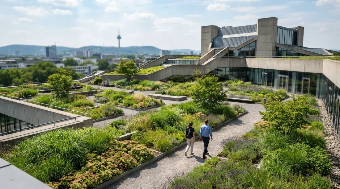 el jardín de la azotea de la Bundeskunsthalle en Bonn, con sus plantaciones geométricas y cielo abierto sobre la arquitectura moderna de hormigón del museo