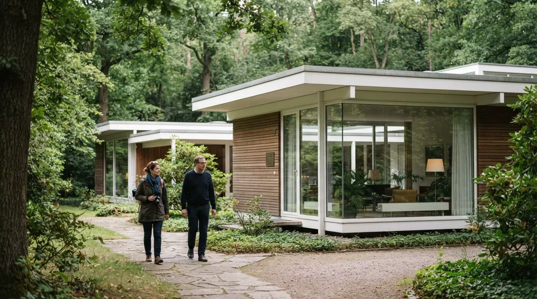 el bajo Kanzlerbungalow modernista en Bonn, parcialmente oculto tras árboles, fotografiado con luz suave diurna y sus líneas horizontales limpias