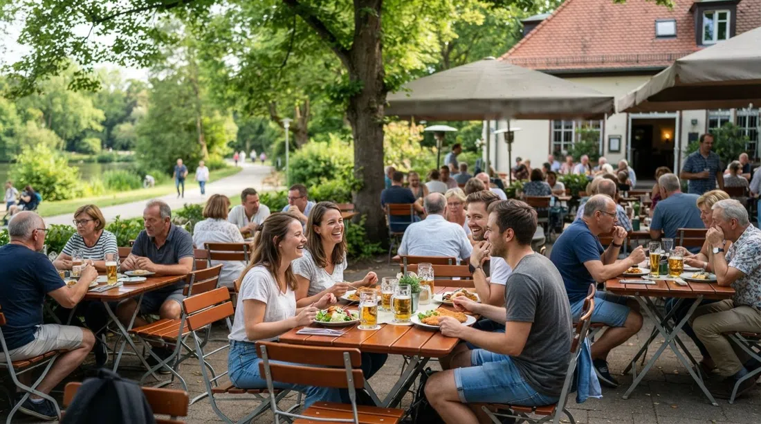 Parkrestaurant Rheinaue en Bonn durante el verano, con mesas al aire libre, asientos en el jardín de cerveza y el borde verde del Rheinauensee cerca