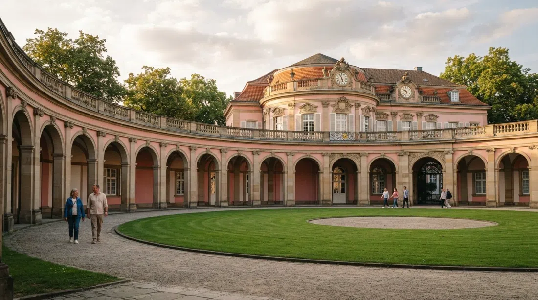 Palacio Poppelsdorf en Bonn con luz suave de tarde, su fachada barroca rosa y su raro patio circular con arcadas enmarcado por los terrenos universitarios