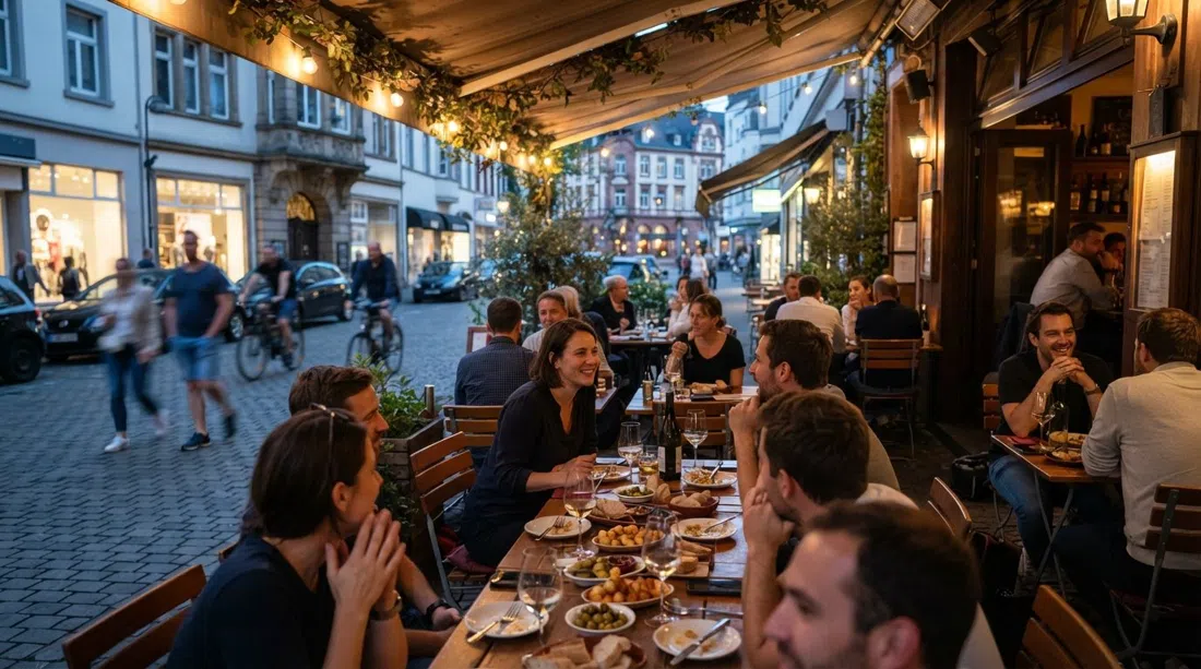 La Loca en Clemens-August-Straße en Bonn, con una terraza cubierta preparada para tapas nocturnas y copas que reflejan la luz de la calle