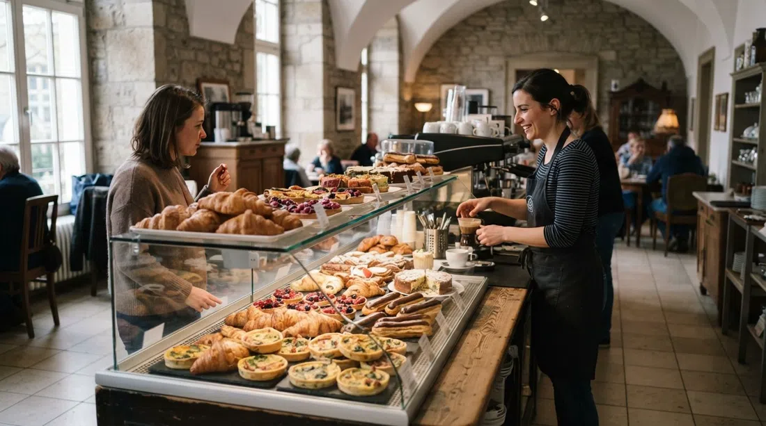 Un mostrador de pastelería en Schloss-Café Poppelsdorf en Clemens-August-Straße, con croissants, tartas y quiches dispuestos detrás del vidrio a la luz del día