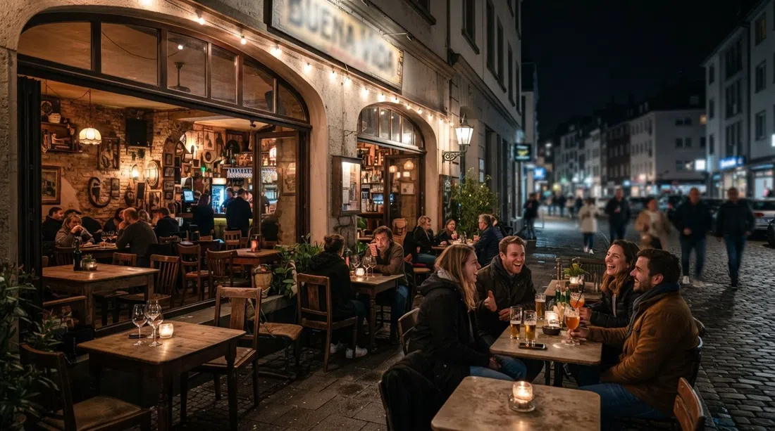 Buena Vida Havanna en Clemens-August-Straße 1 en Bonn, muebles vintage en el interior y mesas en la terraza que miran hacia la animada calle de noche
