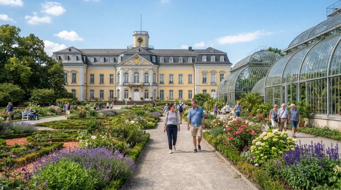 Los Jardines Botánicos alrededor del Palacio Poppelsdorf en Bonn, con invernaderos de cristal, parterres formales y árboles maduros bajo la brillante luz de diario