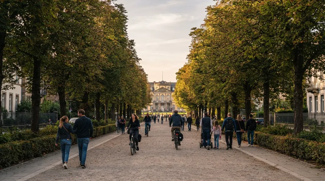 el Poppelsdorfer Allee bordeado de castaños en Bonn al atardecer, un largo paseo formal que se aleja hacia el palacio, con paseantes y ciclistas bajo los árboles