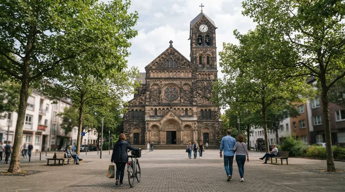 iglesia de Santa Isabel en el Südstadt de Bonn, la fachada neorrománica vista desde la calle con árboles maduros y el amplio atrio en una luz suave diurna