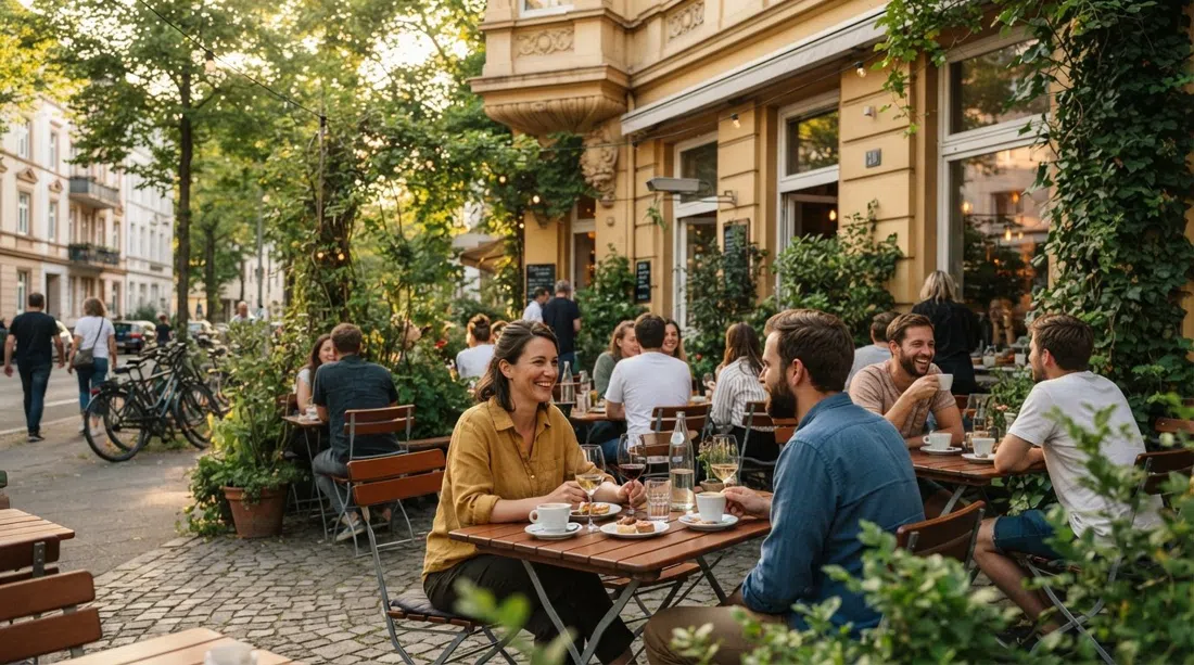 la terraza de Café von & zu en Bonner Talweg en el Südstadt de Bonn, mesas bajo el verdor con un ambiente cálido de cafetería al atardecer