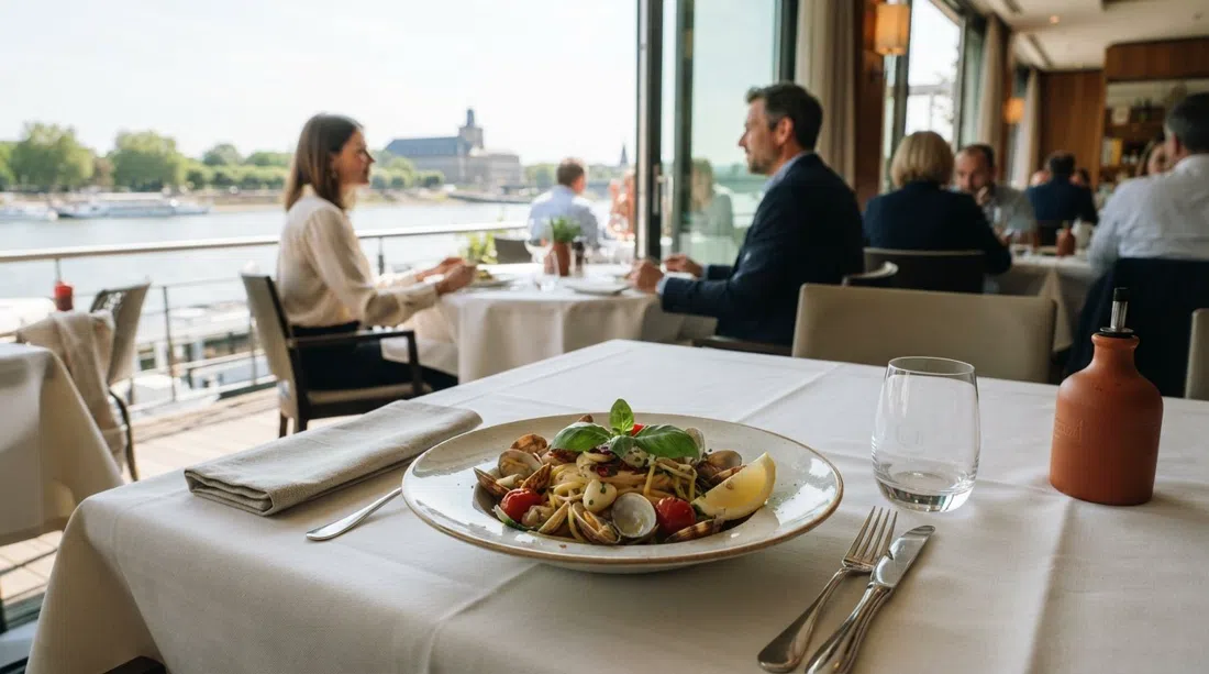 un plato italiano emplatado en Oliveto en el Ameron Königshof en Adenauerallee, mesa elegante con la luz de la terraza del Rin al fondo