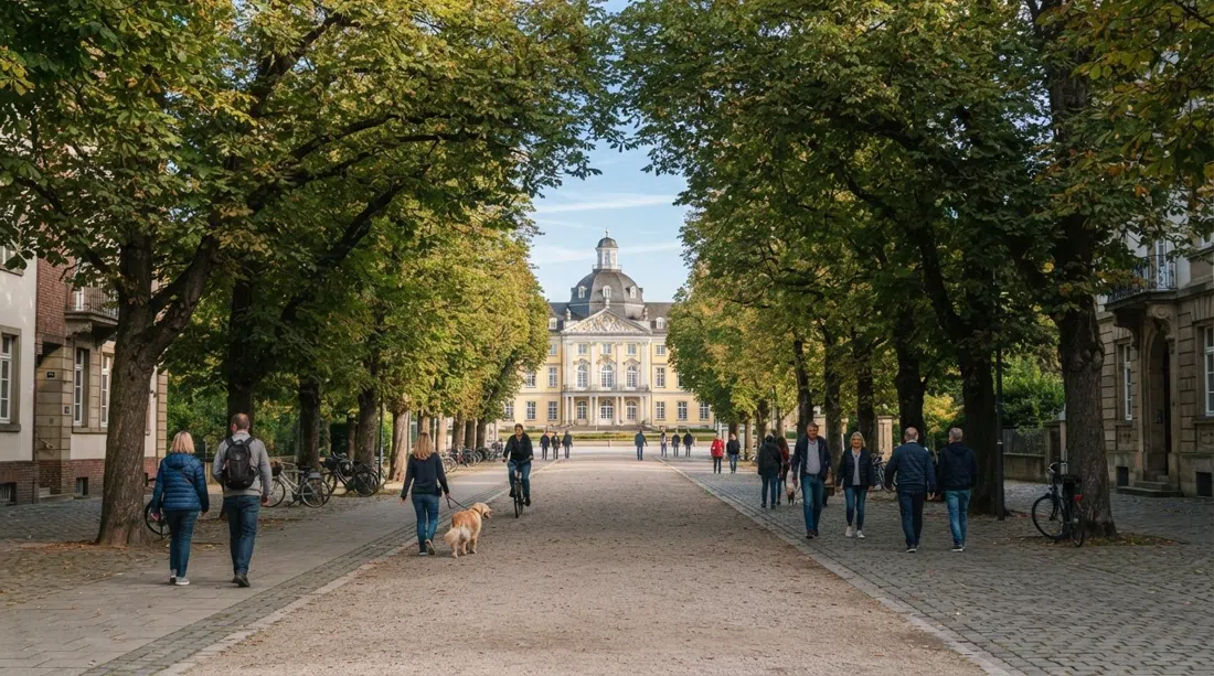 una vista larga del Poppelsdorfer Allee hacia el Poppelsdorfer Schloss, castaños arqueándose sobre el paseo peatonal en luz clara de la mañana