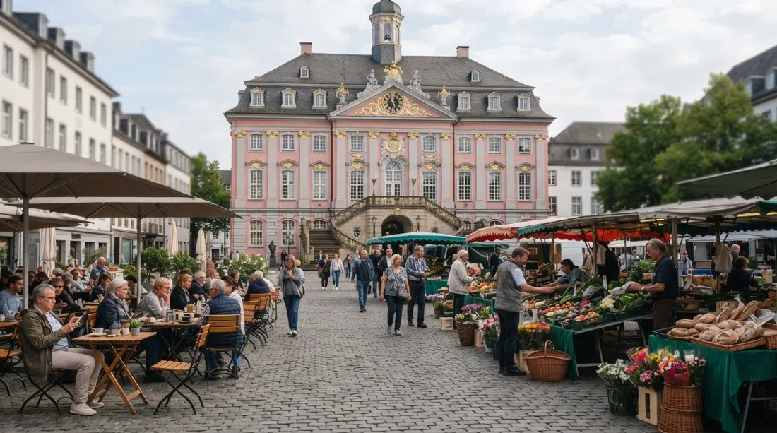 el Marktplatz en el Zentrum de Bonn bajo el rosa Altes Rathaus barroco, con puestos de mercado y mesas de cafetería en la suave luz matutina