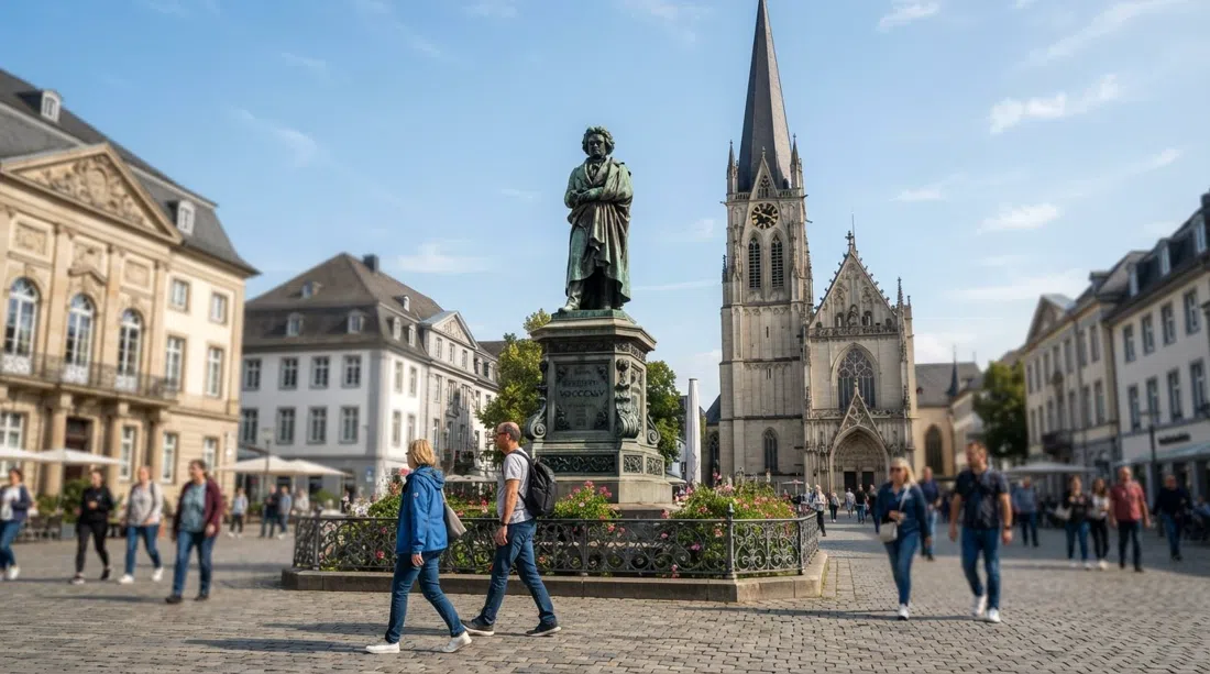 monumento de bronce a Beethoven en Münsterplatz de Bonn, enmarcado por la plaza abierta y la aguja de la catedral en una tarde despejada