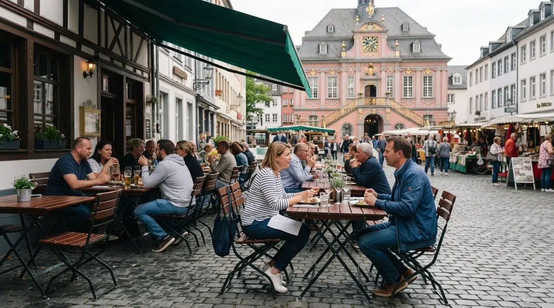 la terraza de Em Höttche en el Marktplatz de Bonn, mesas frente al mercado y el rosa Altes Rathaus al fondo