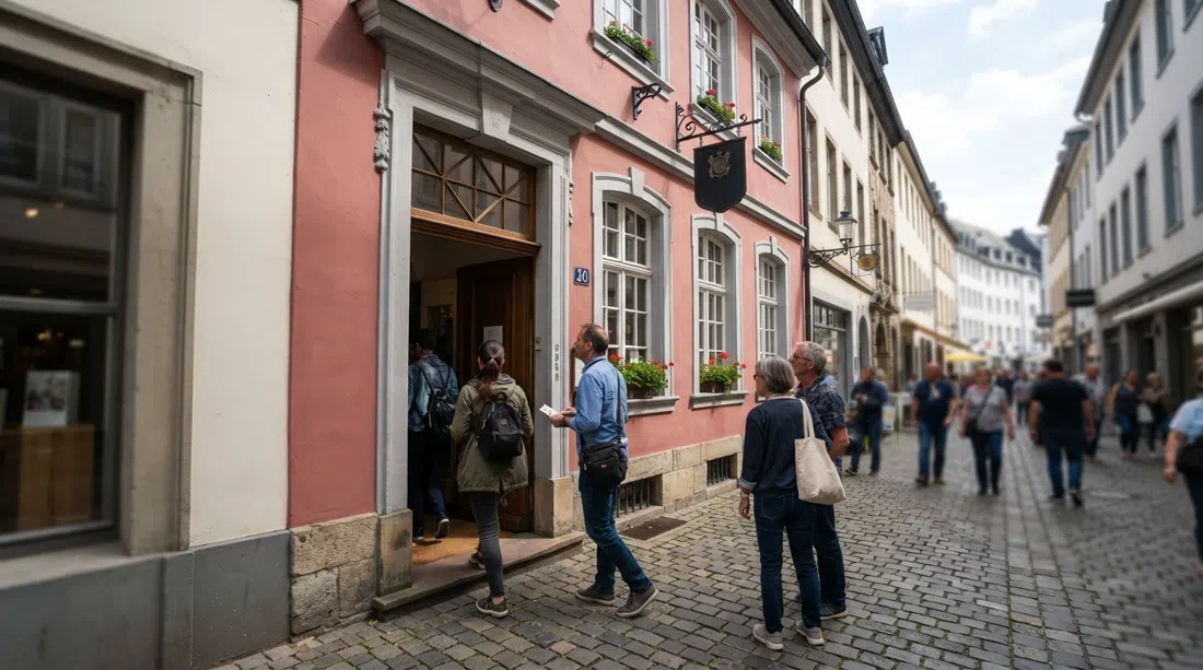 la fachada de la Beethoven-Haus en Bonngasse 20 en Bonn, una modesta casa histórica en una calle peatonal estrecha con visitantes entrando