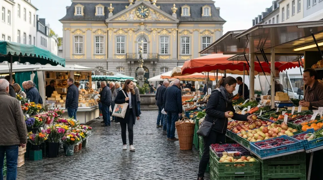 el mercado diario en el Marktplatz de Bonn, con puestos de fruta, flores, queso y comida callejera en activo un día laborable por la mañana