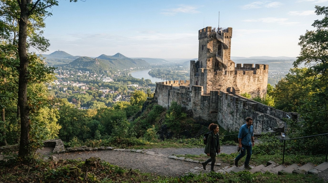 the climbable keep of the Godesburg on its volcanic hill above Bad Godesberg, seen in soft morning light with the Rhine Valley and Siebengebirge beyond