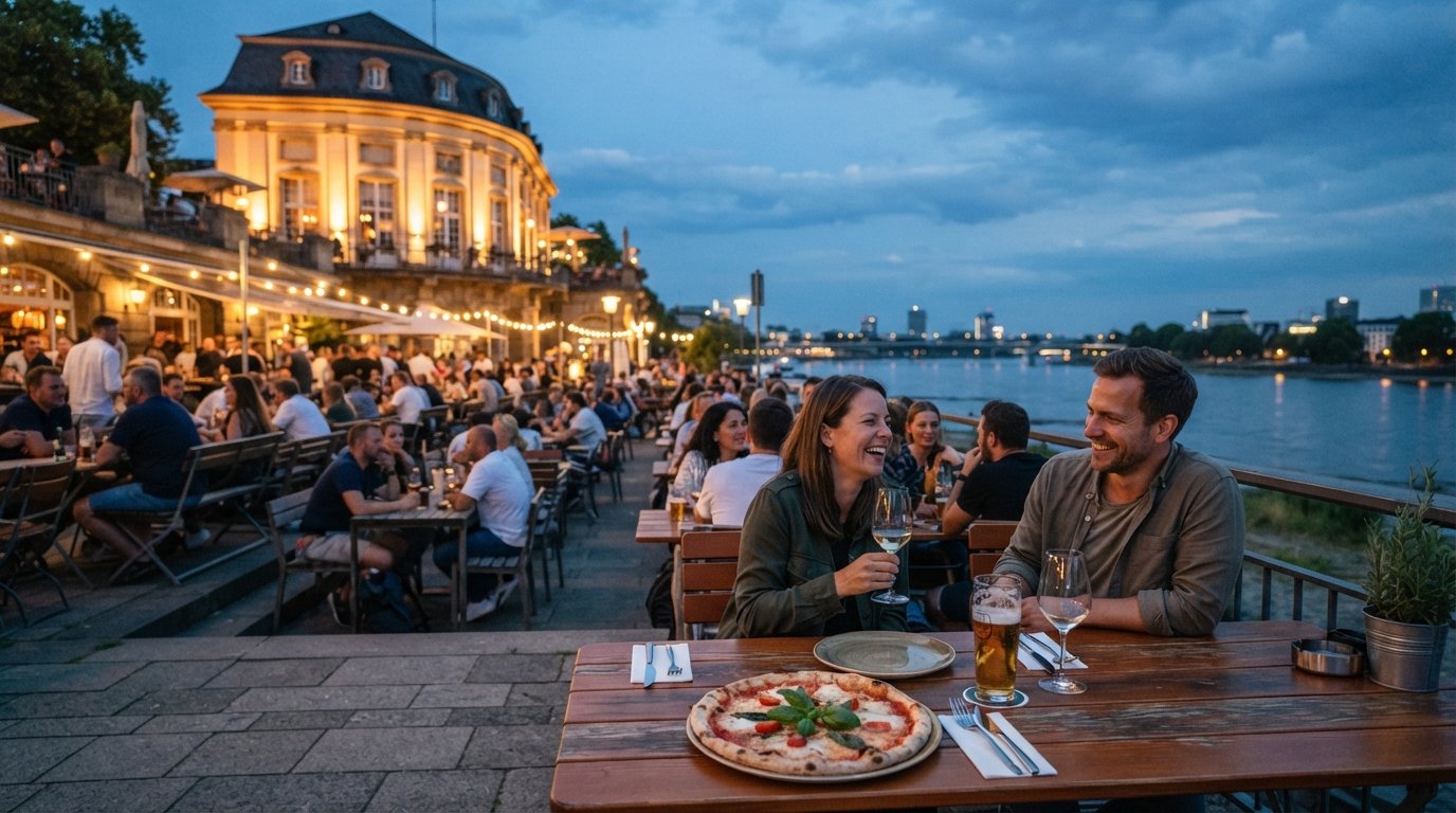 the Bastei pavilion at Von-Sandt-Ufer 1 on the Rhine, with Basteria below and wood-fired pizza served beside the water at dusk