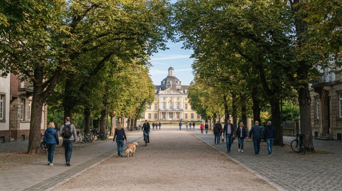 a long view down Poppelsdorfer Allee toward Poppelsdorfer Schloss, chestnut trees arching over the pedestrian promenade in clear morning light